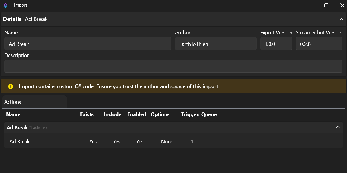 Streamer.Bot import window after importing Ad Timer Widget code.